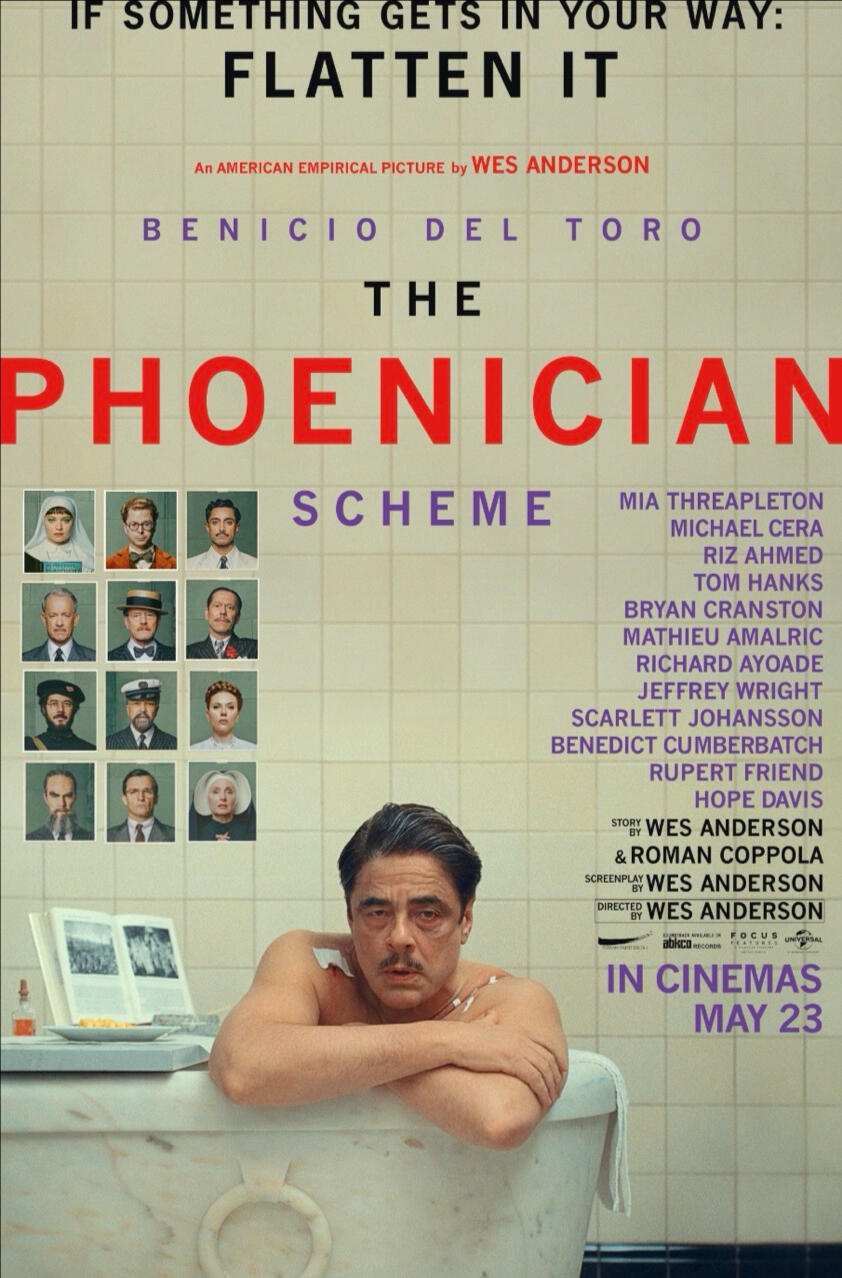 A movie poster for The Phoenician Scheme. Behind the text showing the title, cast, etc is a man leaning on the edge of an ornate marble bathtub, facing the camera. Next to him is a tray of breakfast and a propped open book. Behind him is a wall of off-whit